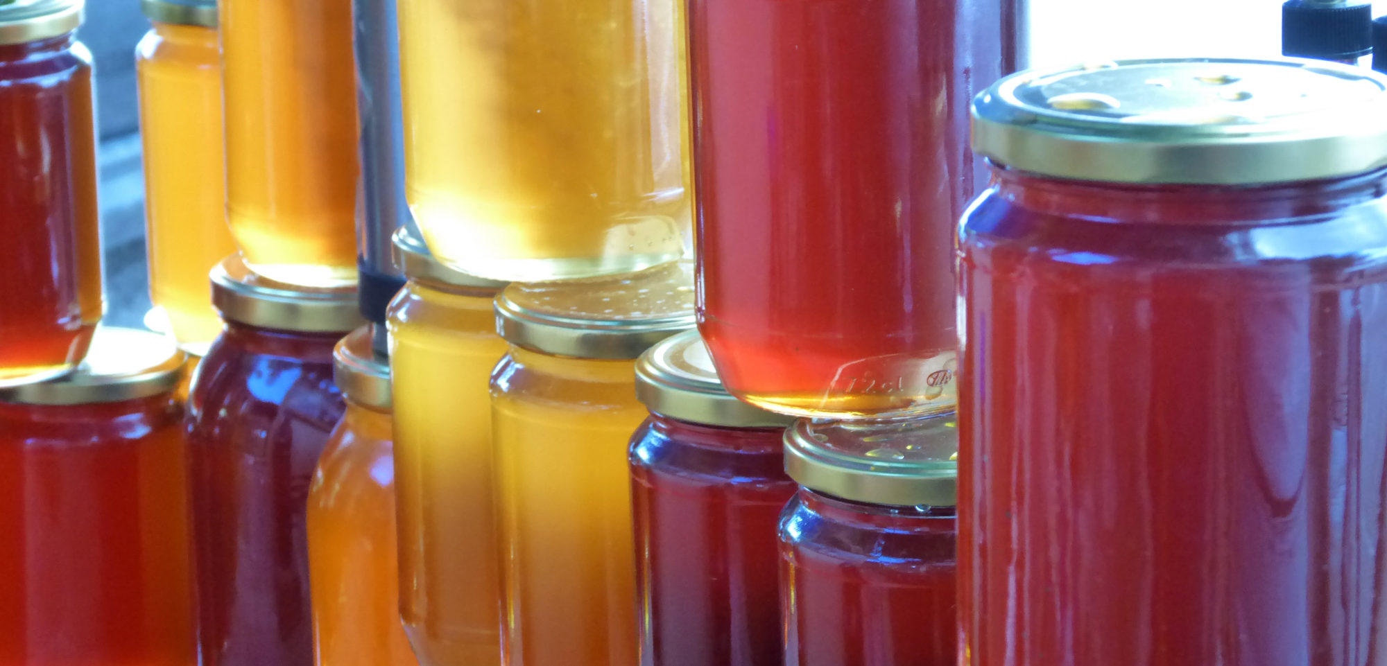 Organic honey in jars on a farmers market - Woodfields Farm